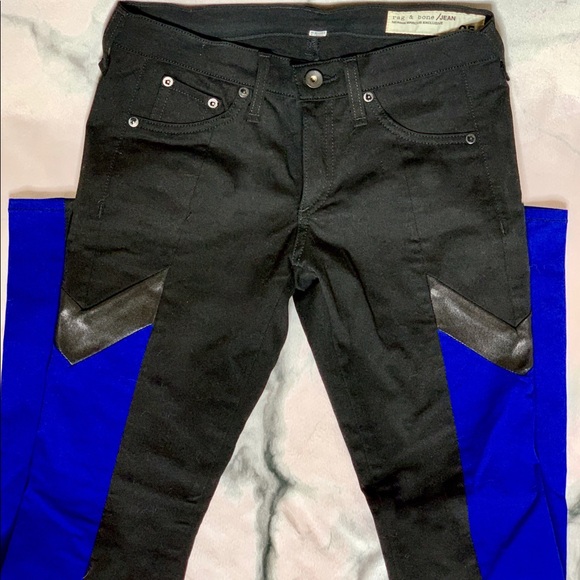 Rag & Bone Women’s Grand Prix Moto Jeans Blue Stripe Leather Panel Size 25